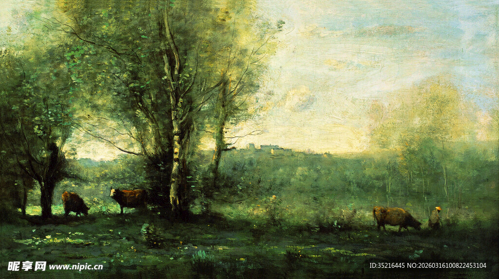 田园牧场景色油画