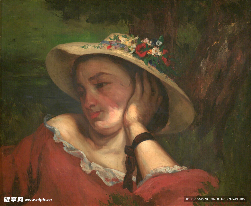 戴花帽微笑的红衣女子