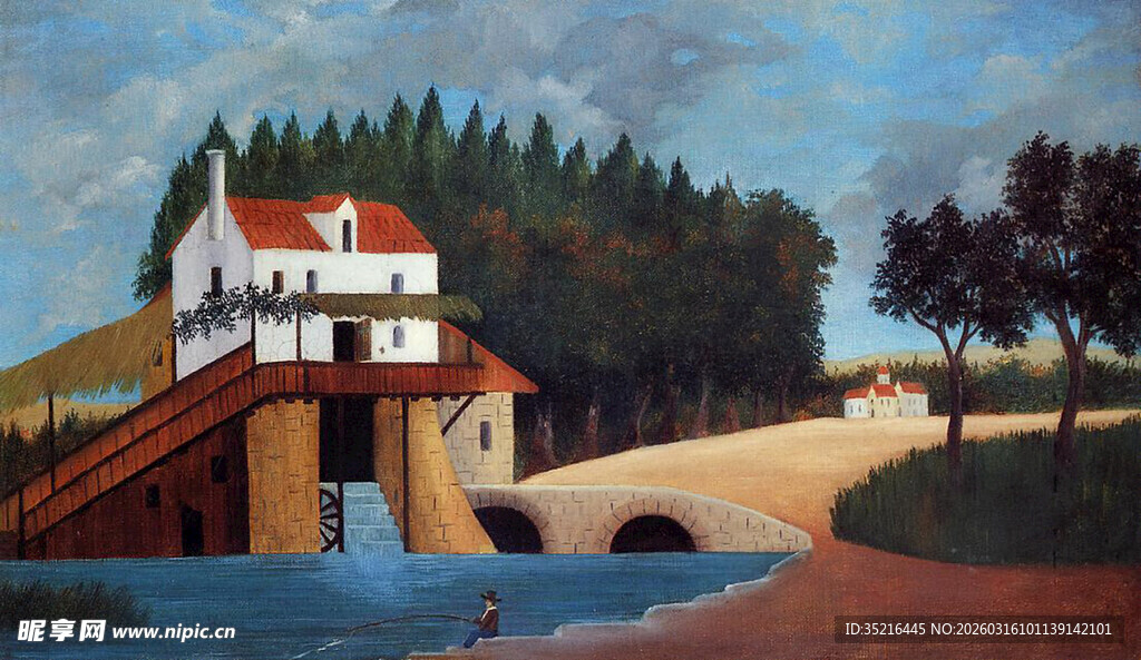 乡村河畔风景油画