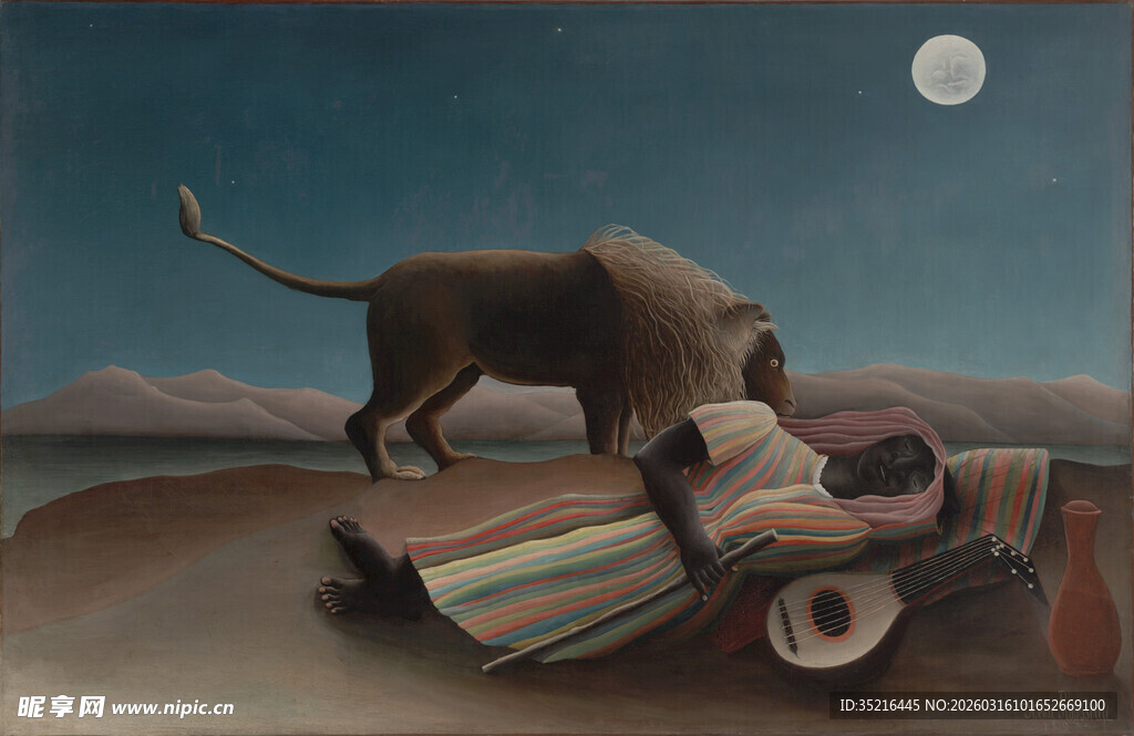 月夜中狮子与废弃车辆