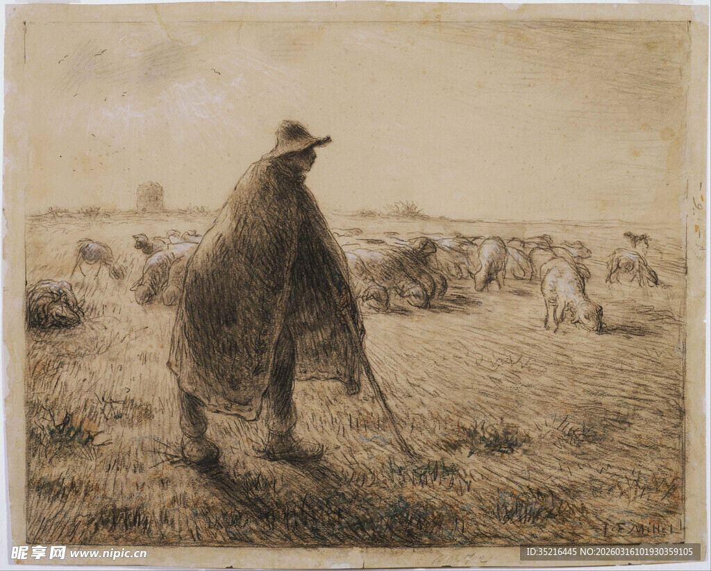 草原牧人持杖赶羊群