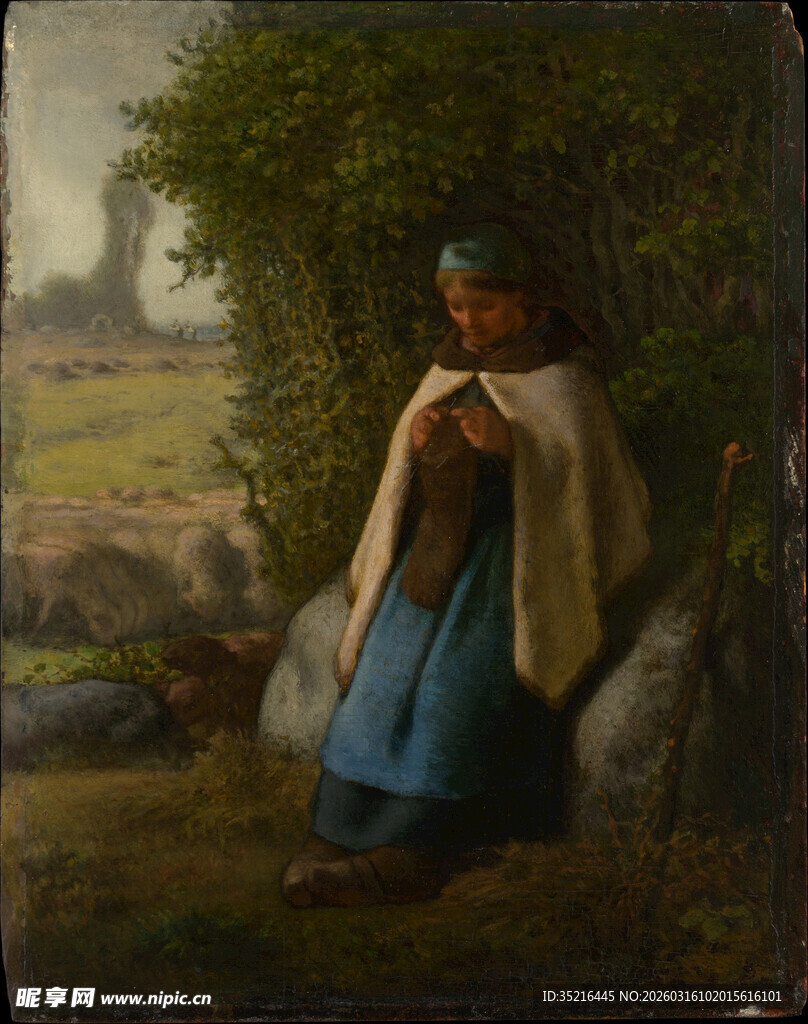 乡村中休憩的蓝衣女子