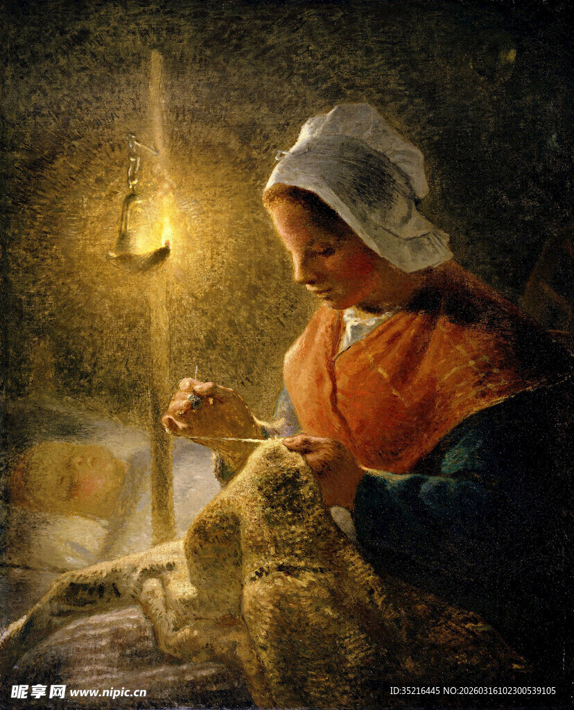 烛光下的老妇编织画面
