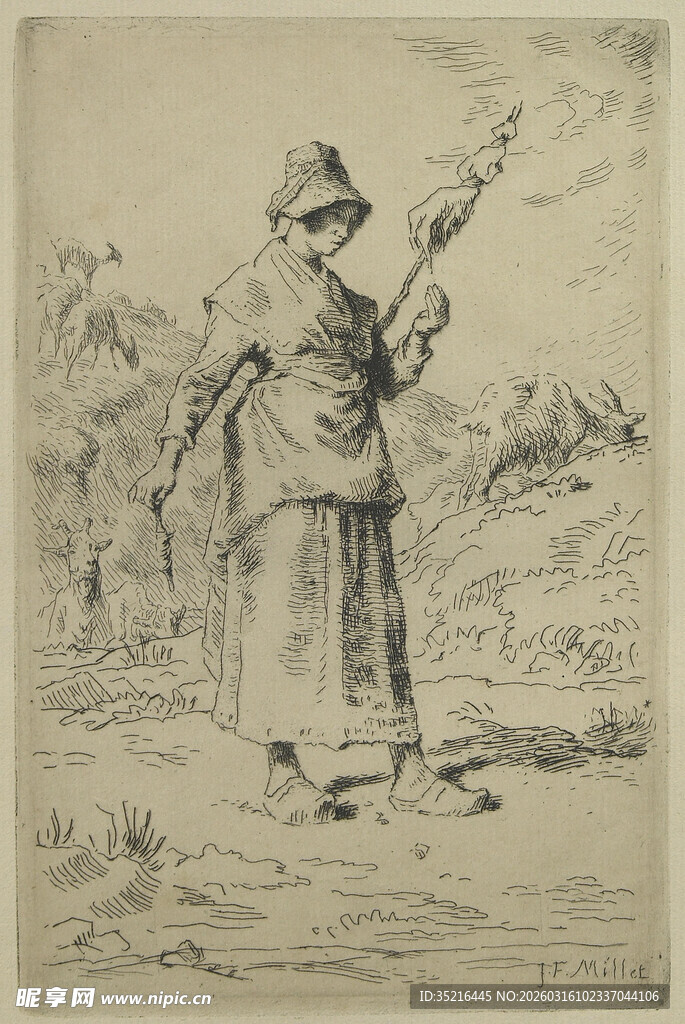 持杖站立的人物素描