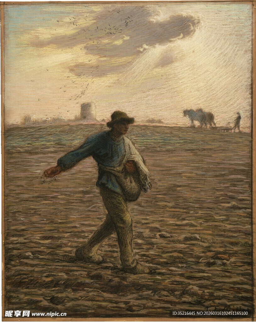 田间撒种的农民