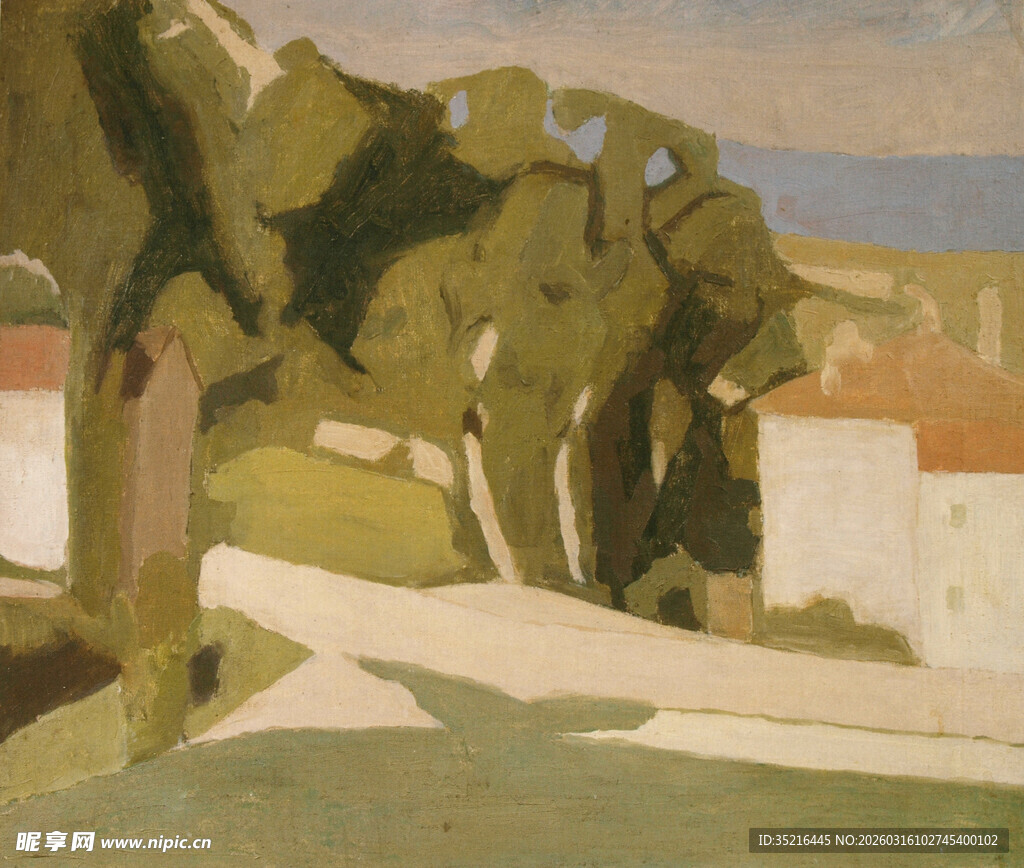 林荫小道旁的建筑风景