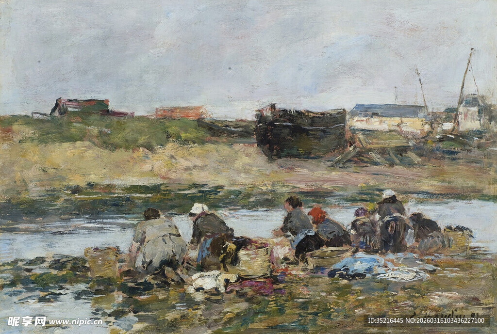 河边劳作场景油画