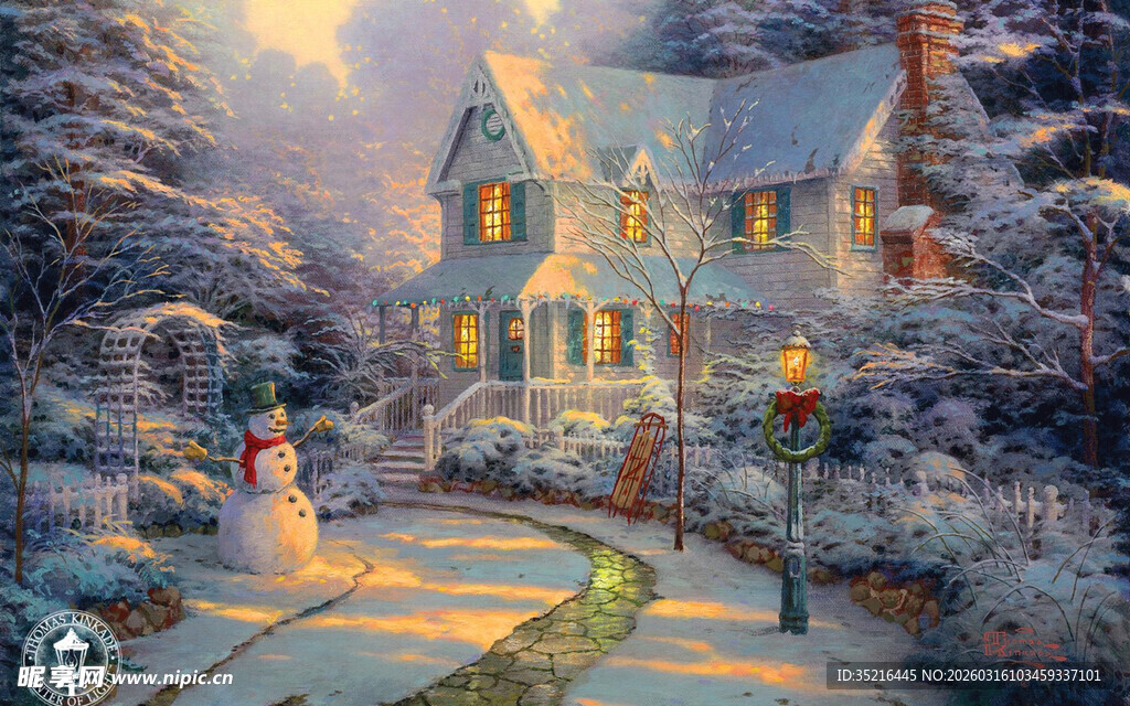 冬日温馨雪景中的小屋