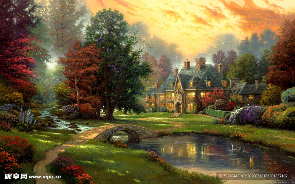 秋日湖畔温馨小屋美景