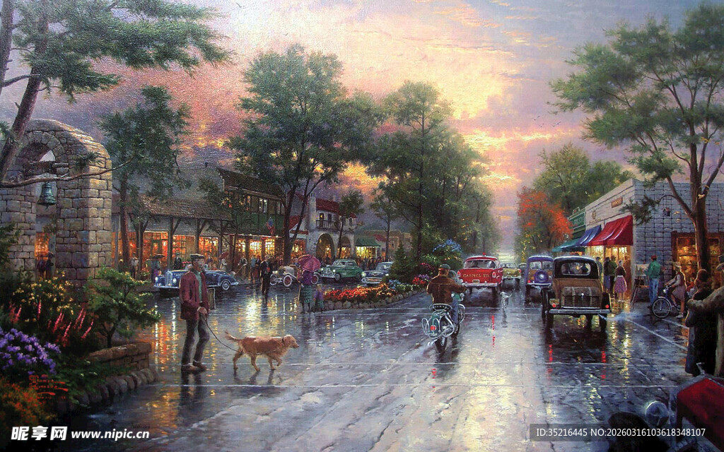 黄昏小镇街道浪漫景象