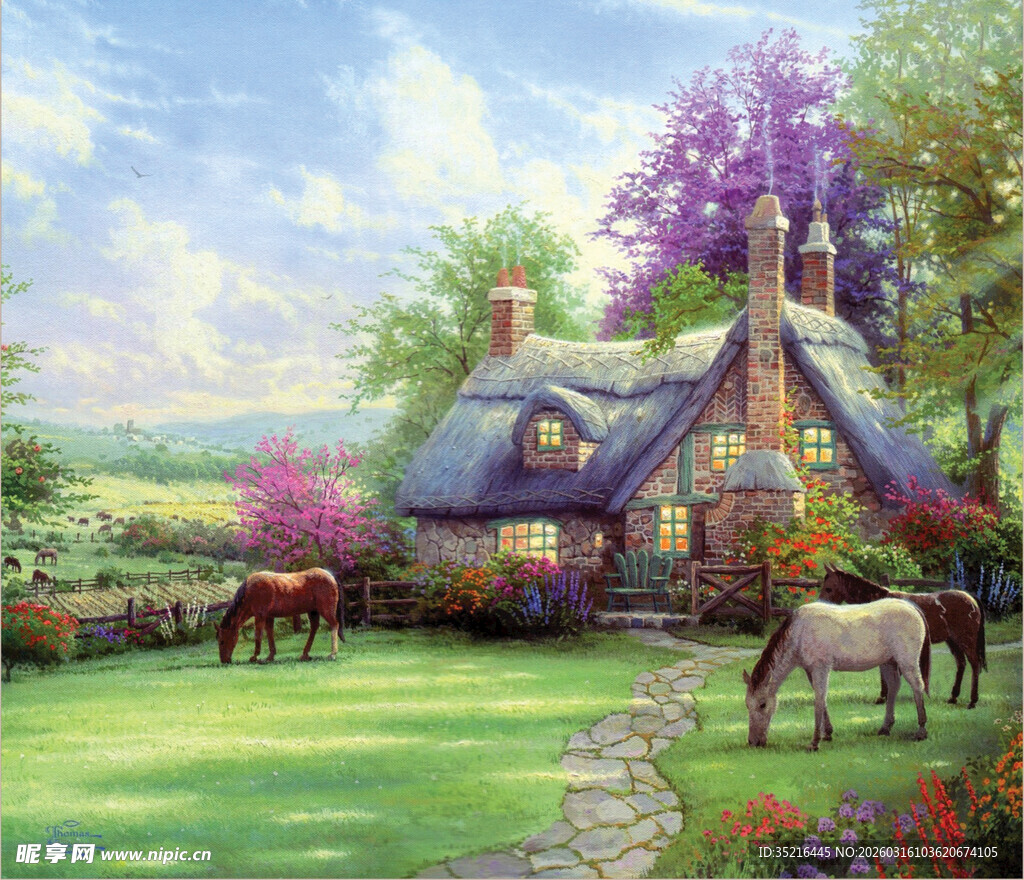 田园小屋旁的悠闲马群