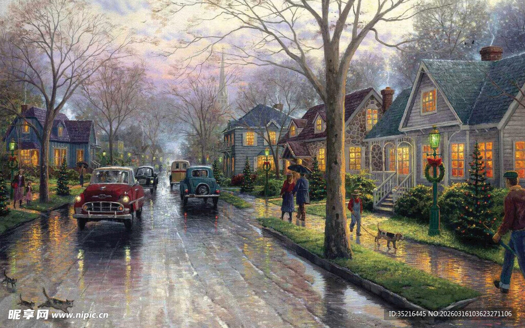 雨后温馨街道油画场景