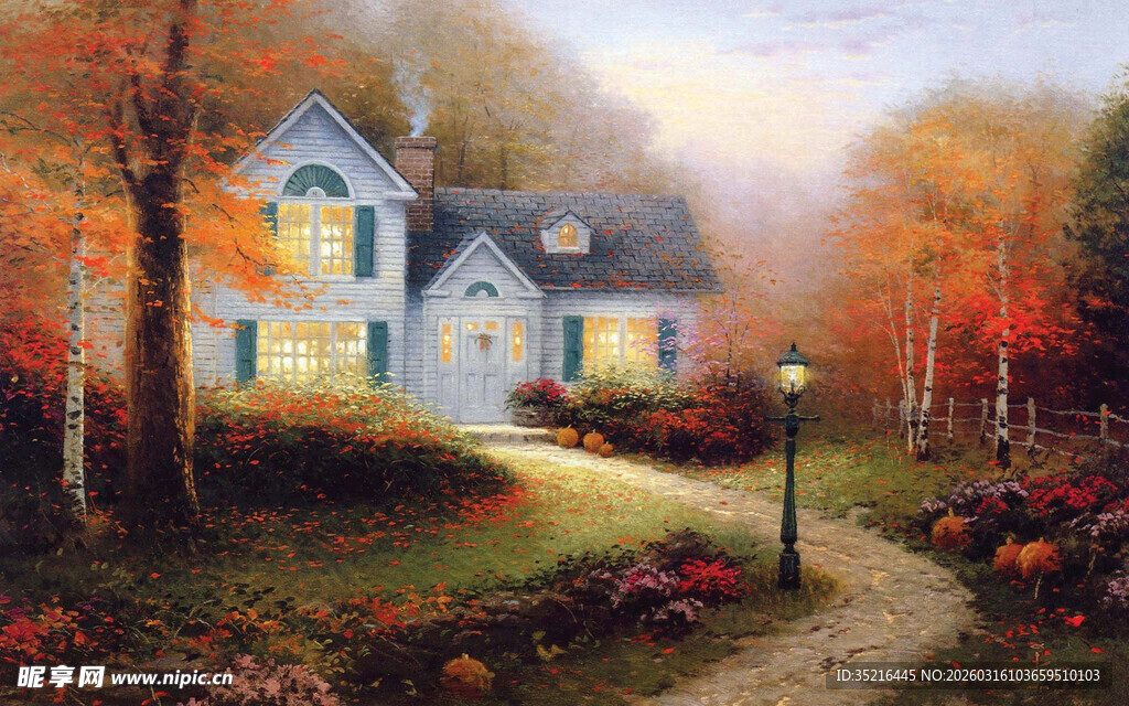 秋日温馨小屋风景图