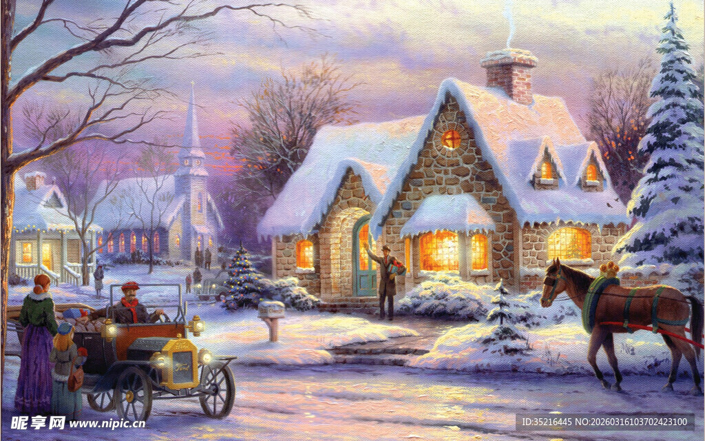 冬日温馨乡村雪景画面