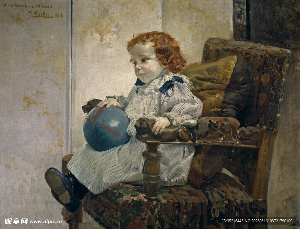 坐在椅上玩蓝气球的孩童