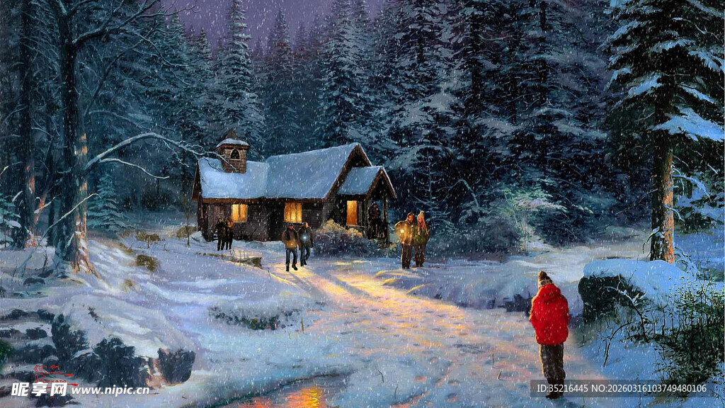 冬日雪中小屋前的行人