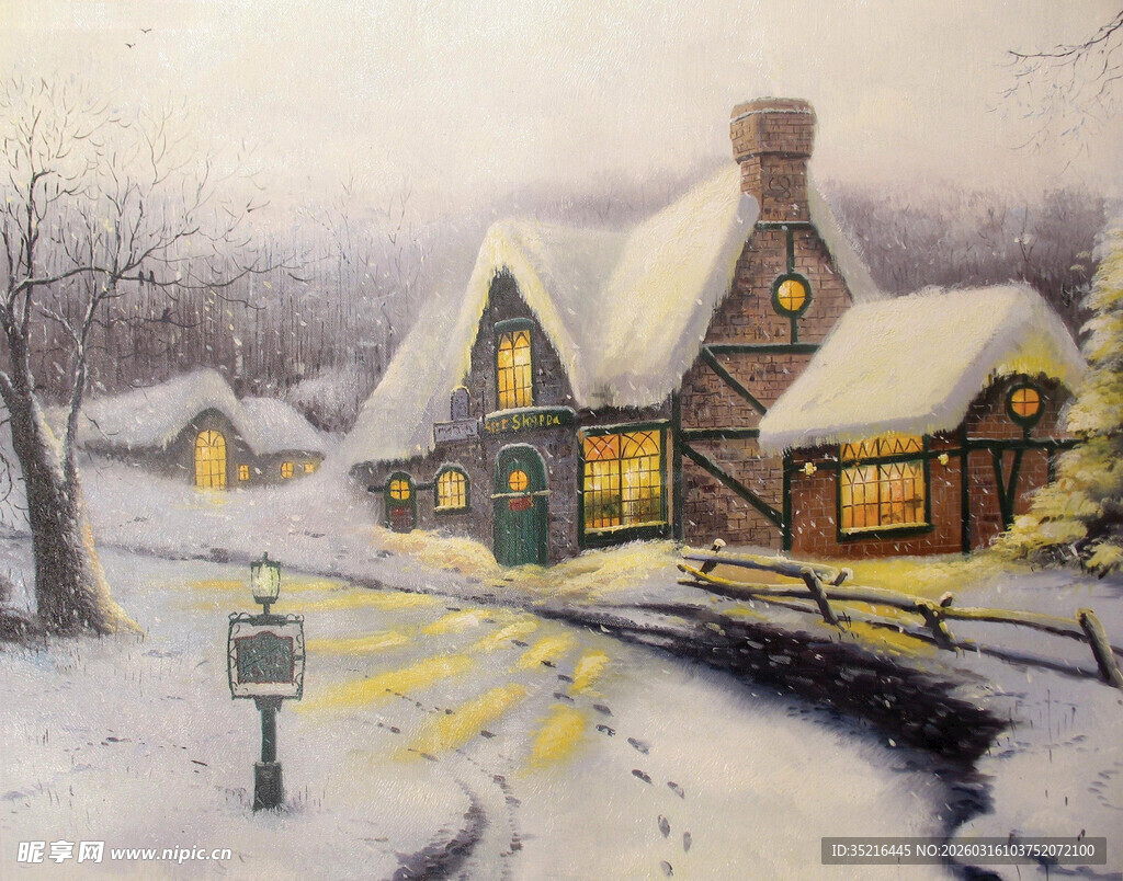 冬日温馨小屋雪景图