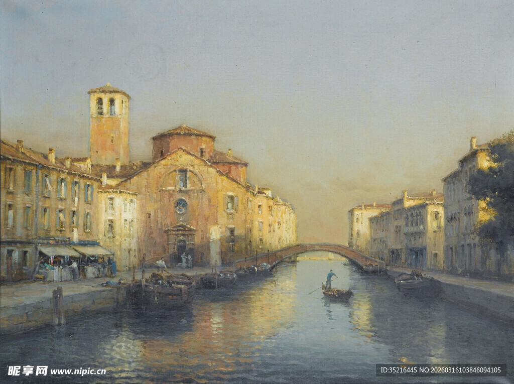 河畔城市风光油画场景