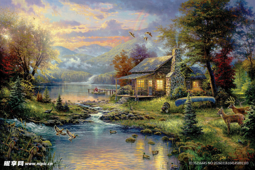 乡村溪边小屋秋日美景