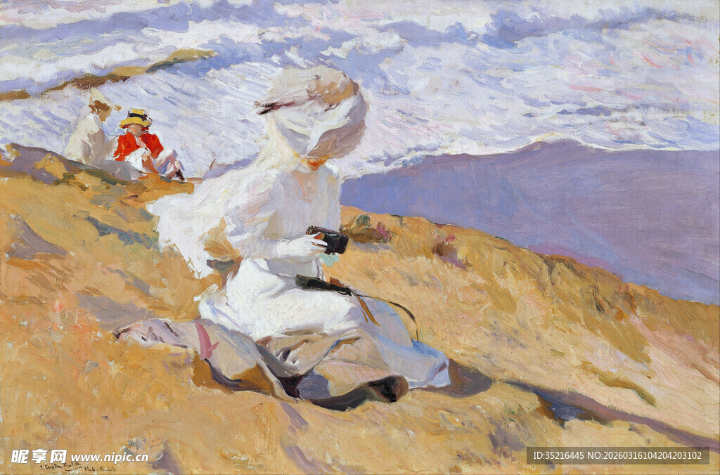 海边作画的白衣艺术家