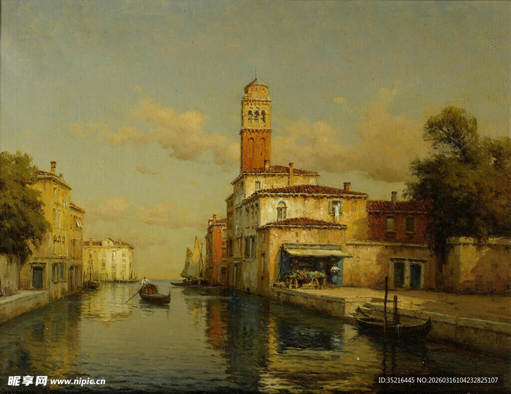 河畔钟楼风景图