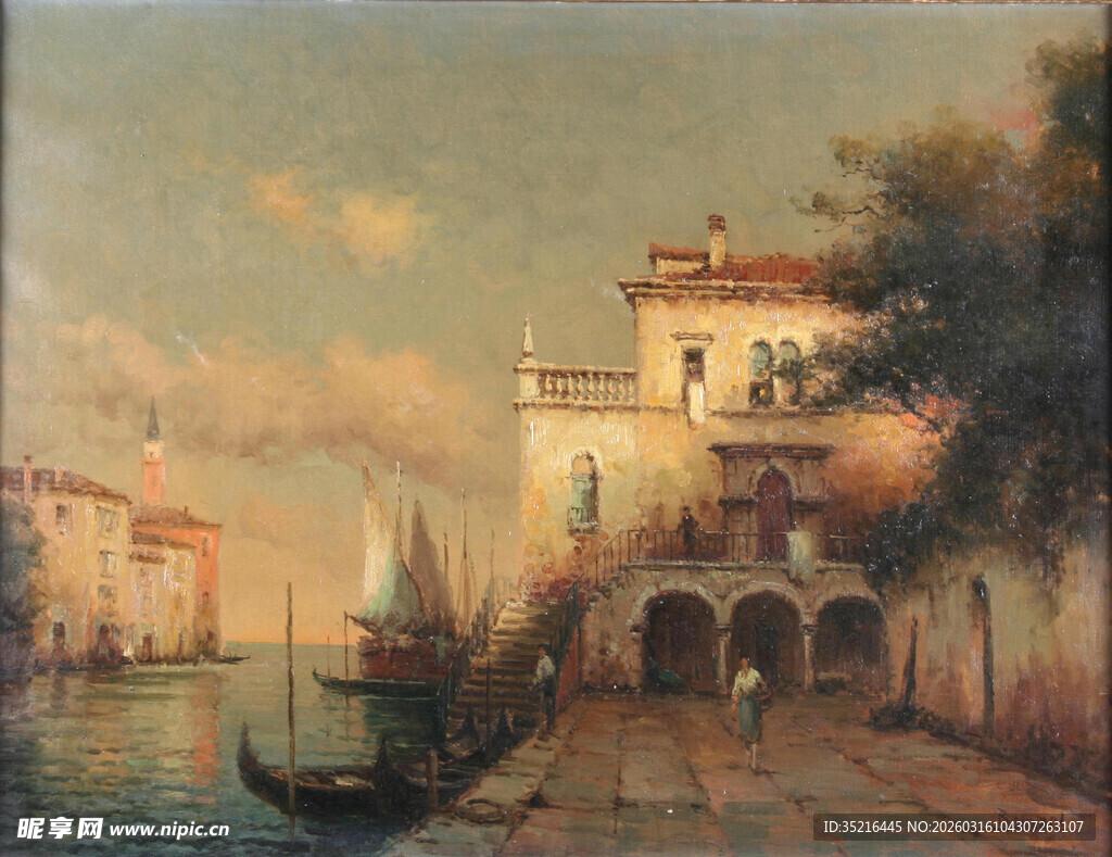 威尼斯河畔风景油画