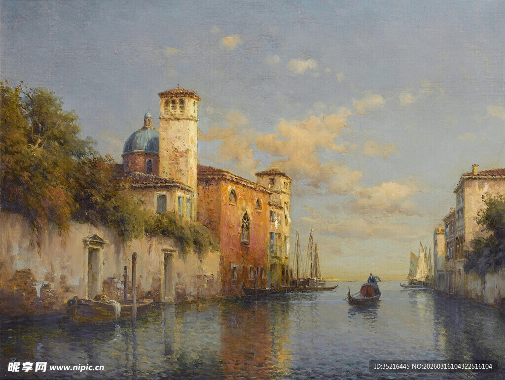 河畔古建筑风景油画