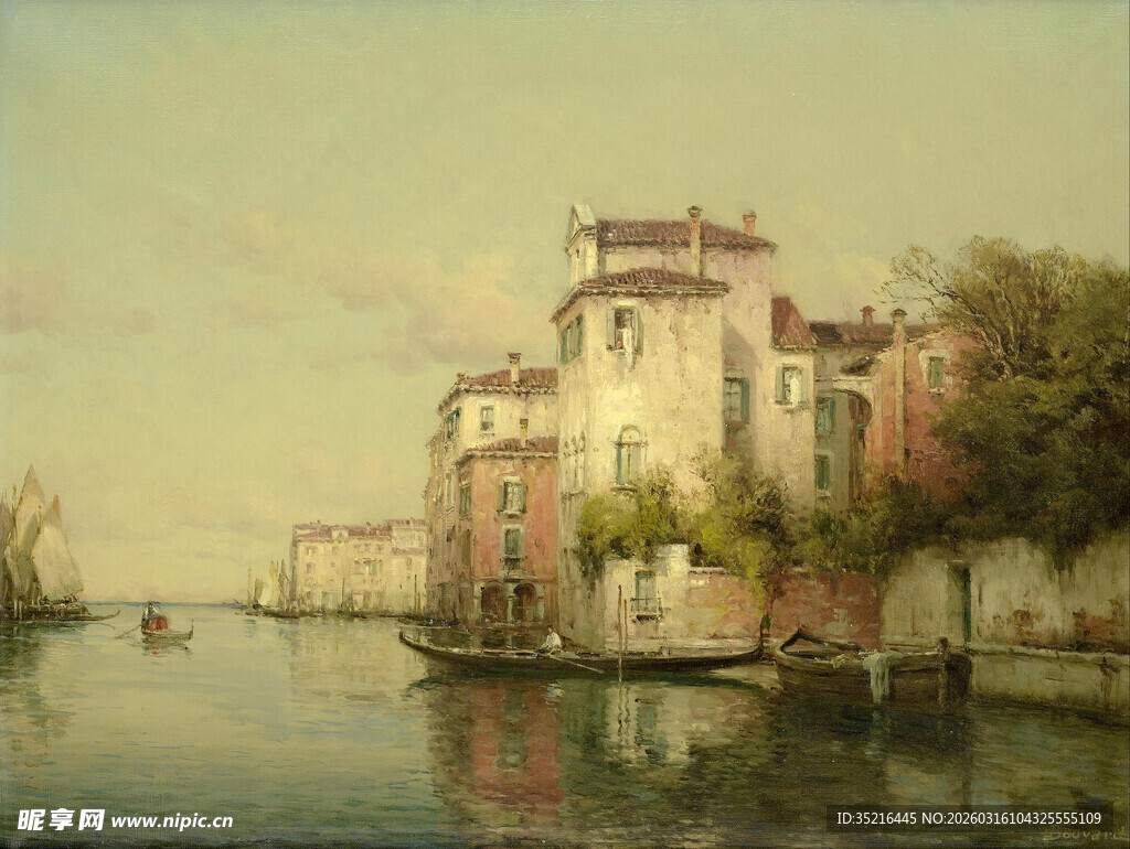 河畔欧式建筑风景图