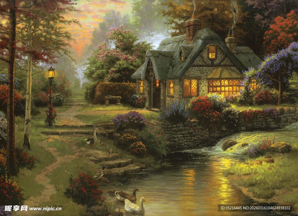 温馨田园小屋溪边美景