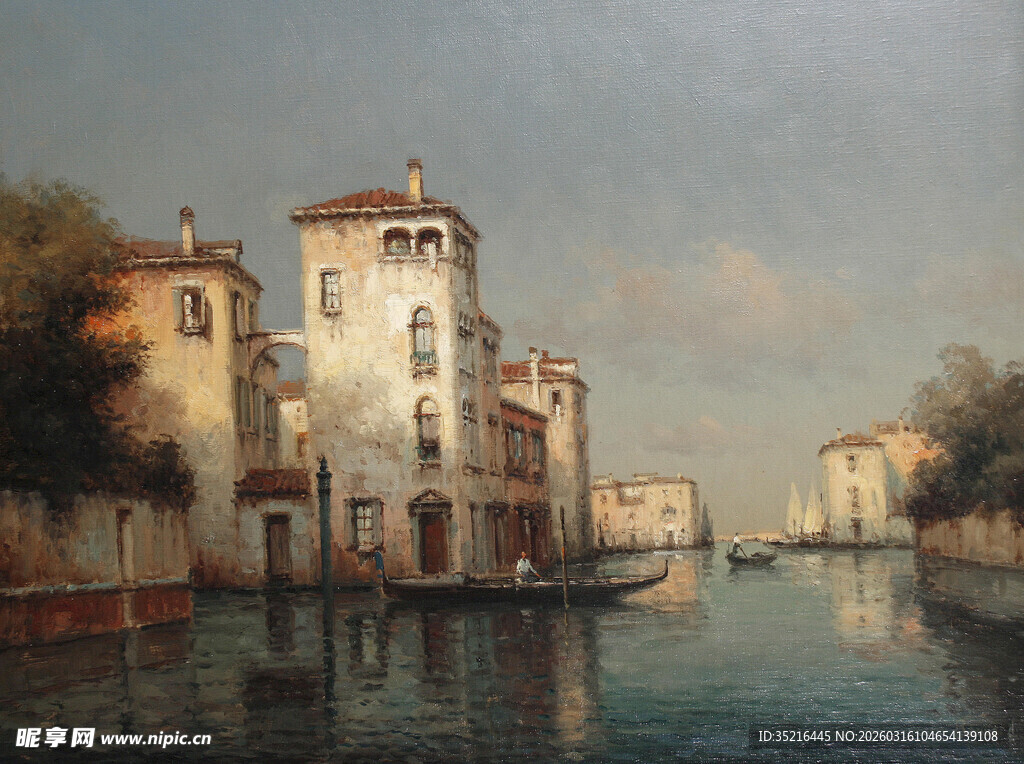 河畔古建筑风景油画