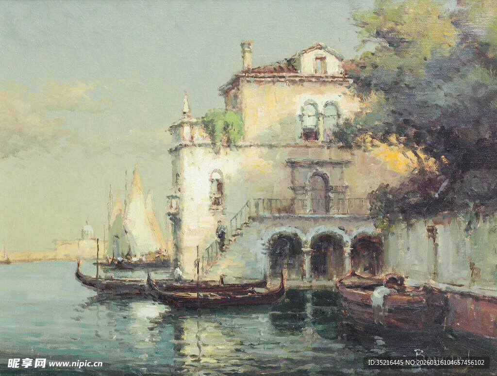 海边欧式建筑与航行帆船