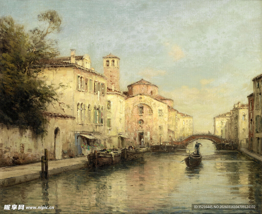 河畔欧式建筑风景图