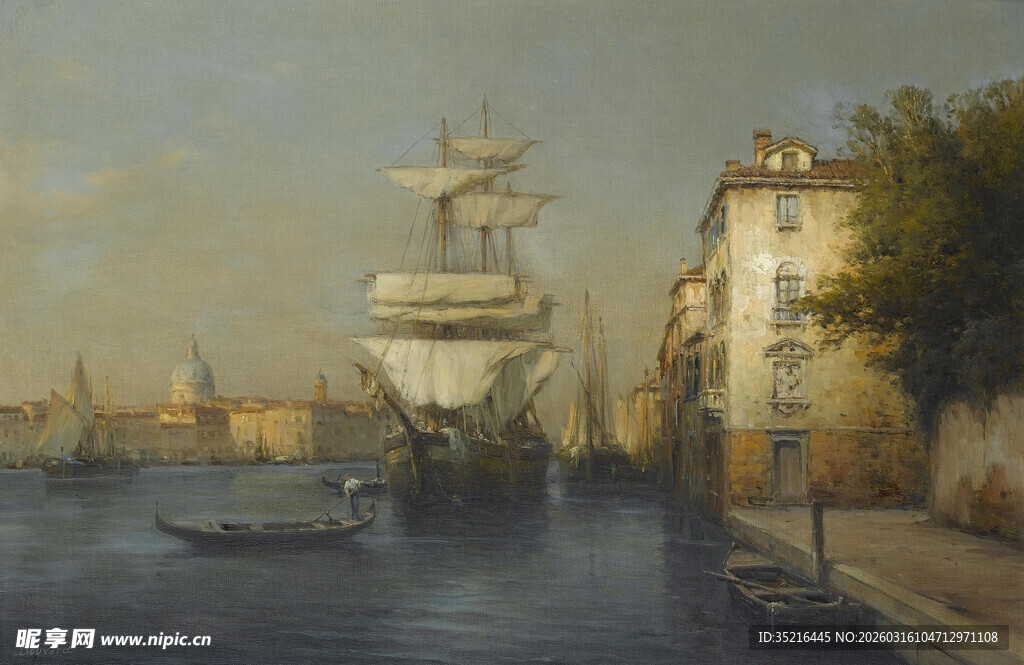 河畔船只与建筑风景图