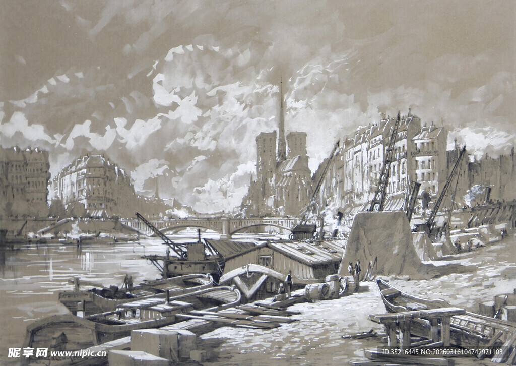 冬日雪景中的河畔静谧景象