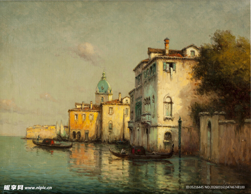 河畔欧式建筑风景图