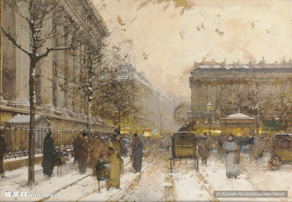 冬日街头雪景中的行人景象