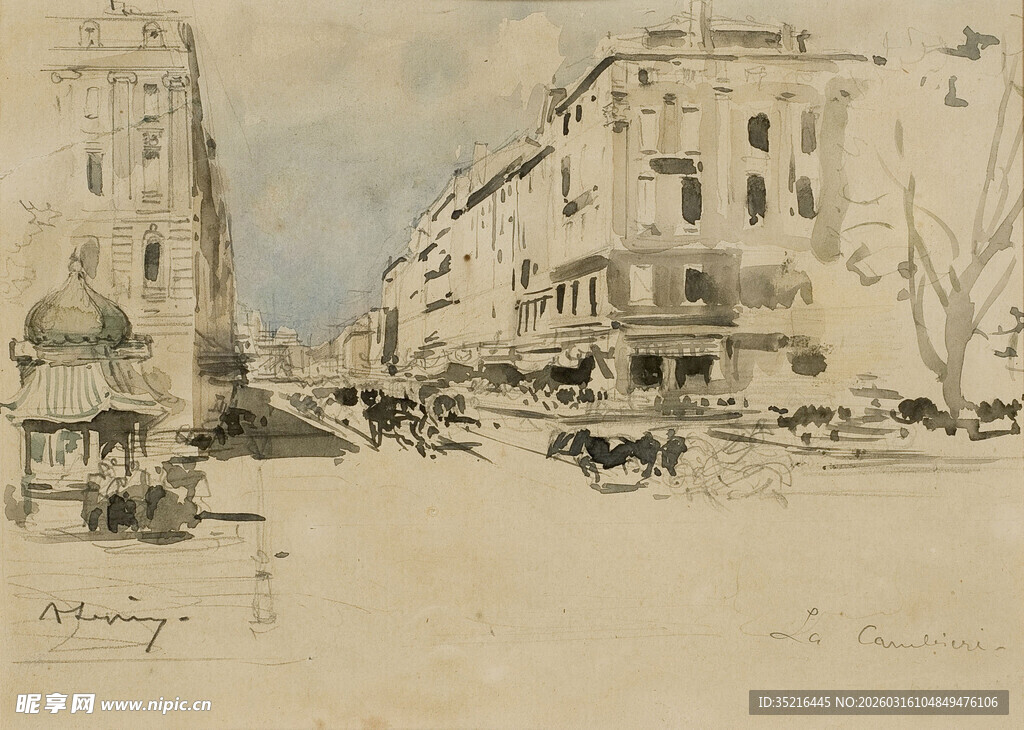 复古城市街景手绘画面