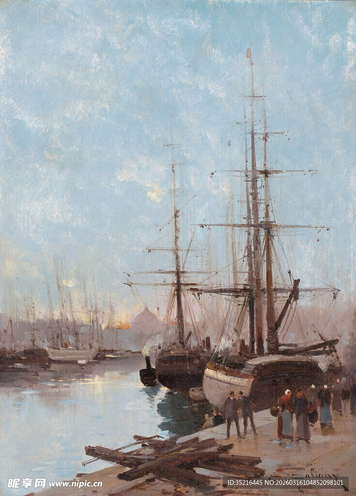 港口边的帆船与忙碌景象