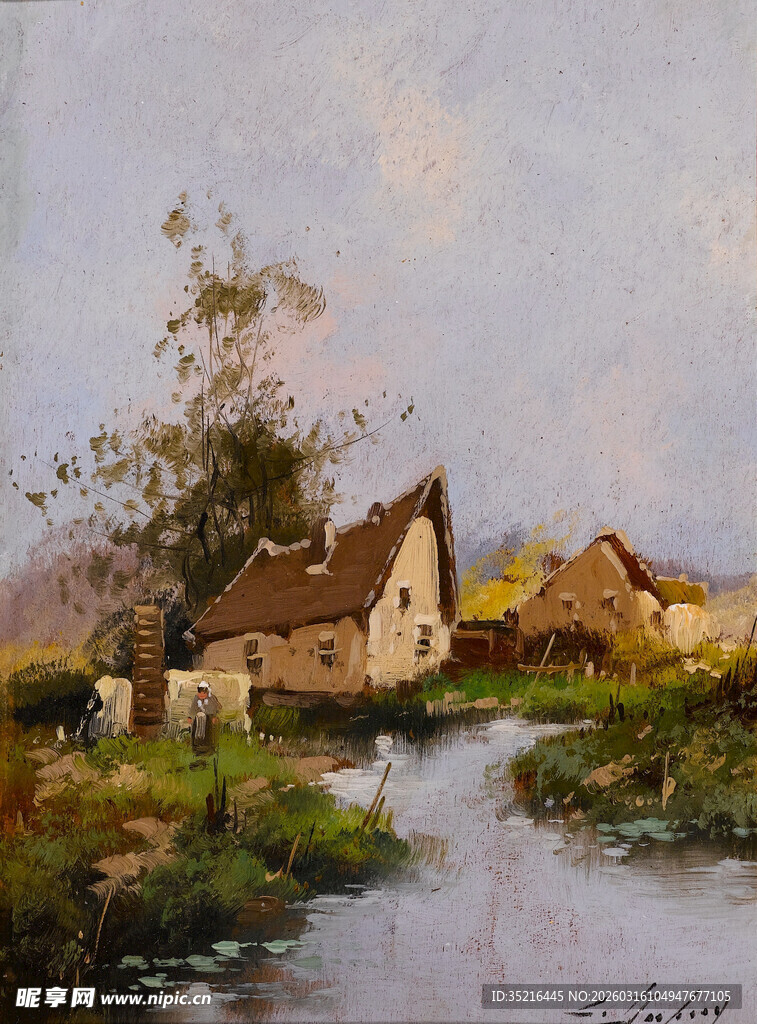 乡村河畔小屋风景油画