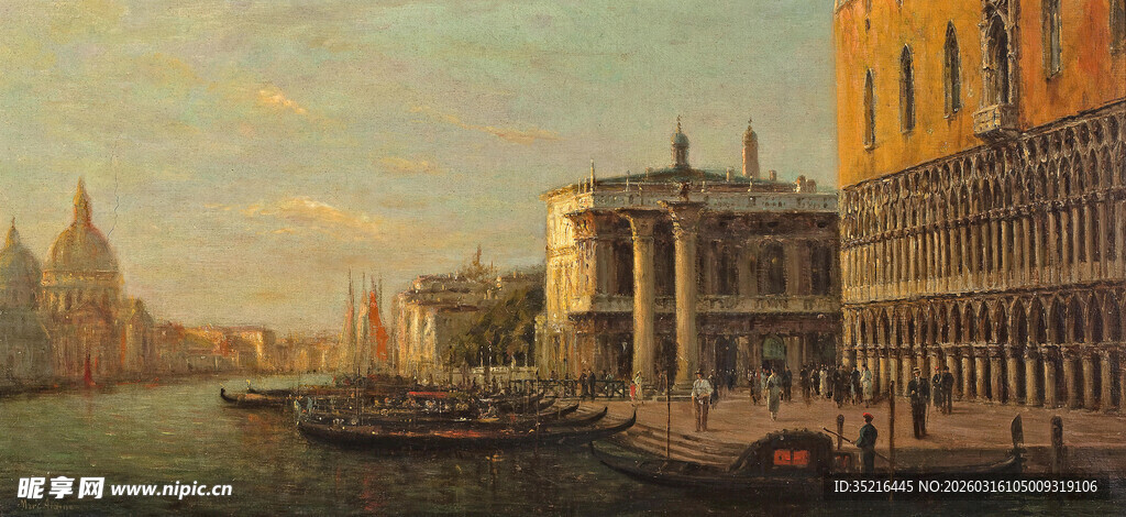 河畔城市风光油画场景