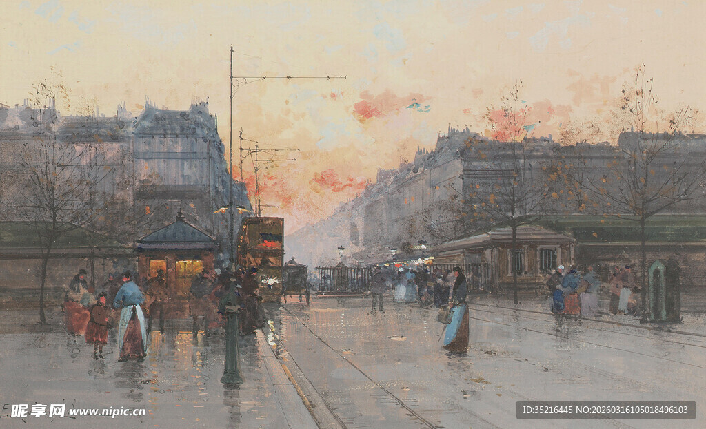 黄昏街头行人油画场景