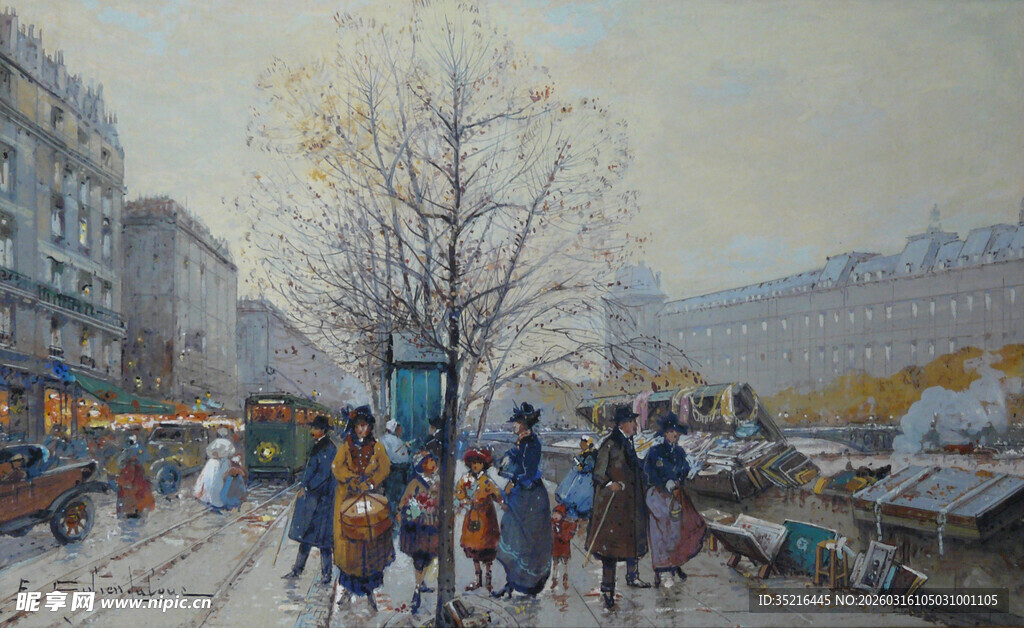 冬日街头行人油画场景