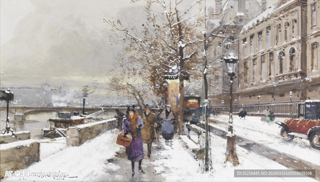 冬日城市街道行人雪景图