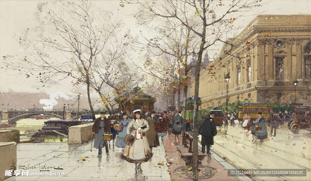 冬日街头行人撑伞漫步场景