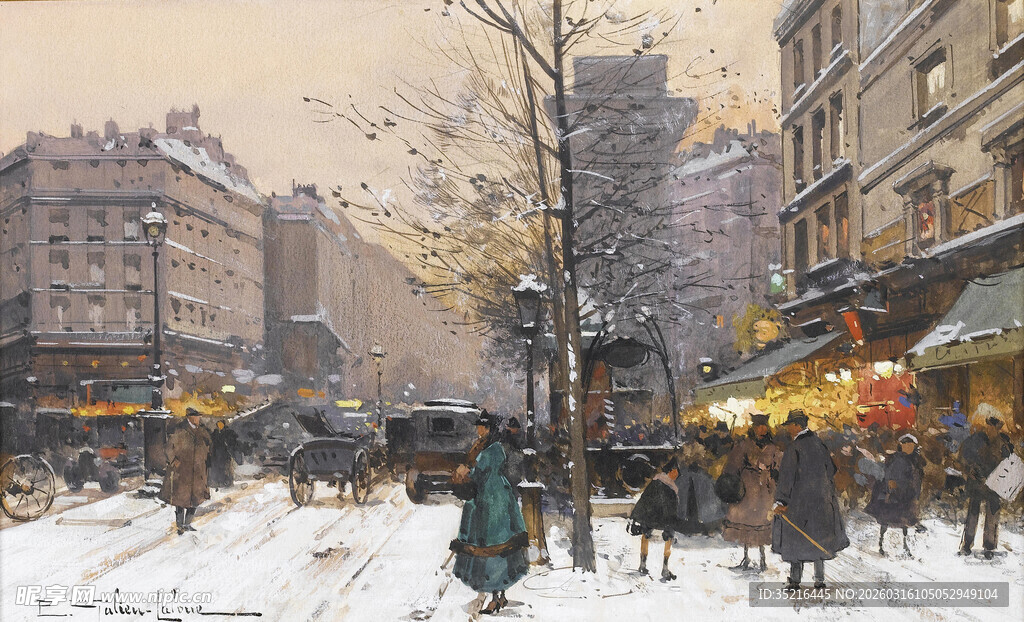 冬日街头雪景与行人景象