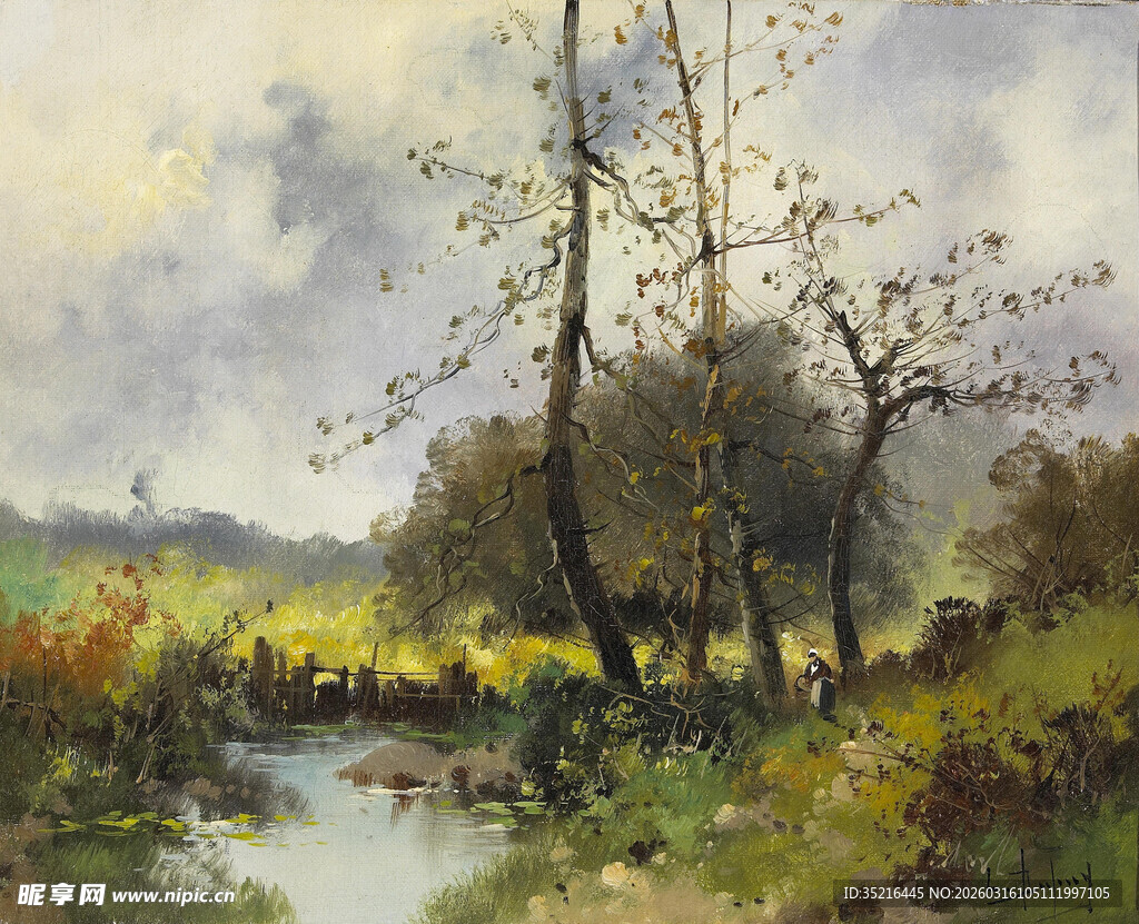 乡村溪边风景油画