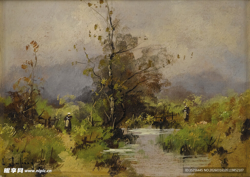 乡村溪边树木风景油画