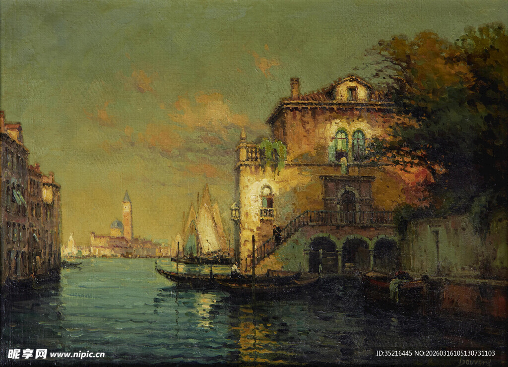 河畔欧式建筑风景油画