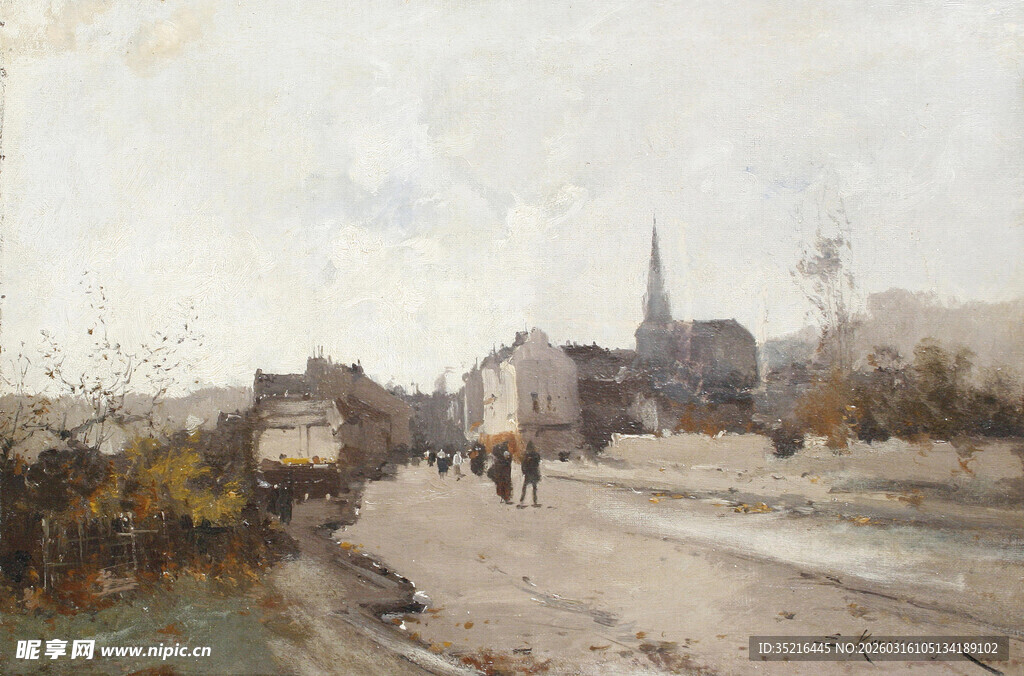 乡村小道上的行人与建筑