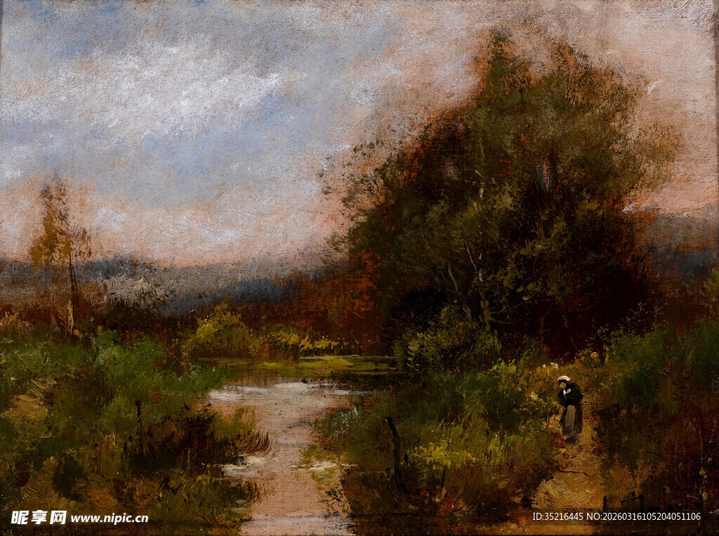 乡村溪边风景油画